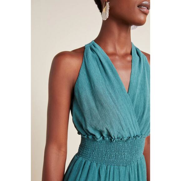 Anthropologie S Bionda Plisse Jumpsuit Green Sleeveless Smocked Wide Leg - Picture 7 of 7